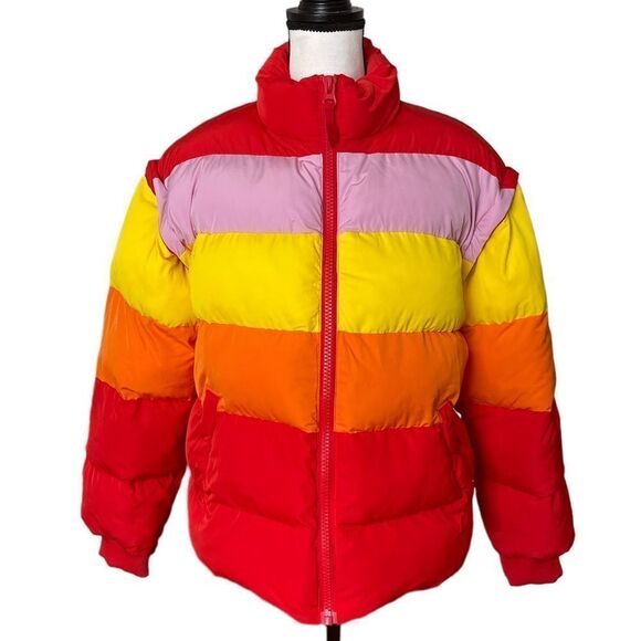Nwt Lego x Target Women’s Puffer Jacket Ombre Stripes Red Yellow Pink - Picture 5 of 9